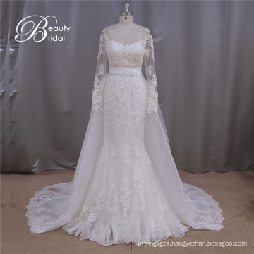 Long Sleeve A-Line Bridal Dress Detachable Train